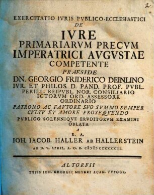Exercitatio iur. publ.-eccl. de iure primariarum precum, imperatrici augustae competente
