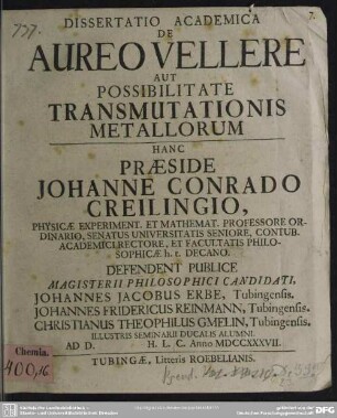 Dissertatio Academica De Aureo Vellere Aut Possibilitate Transmutationis Metallorum