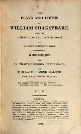 The plays and poems of William Shakspeare : With a new glossarial index, Vol. XI. Twelfth night or What you will. Macbeth.