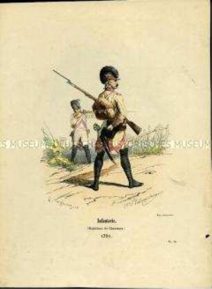 Uniformdarstellung, Gemeine des Jäger-Bataillons der Infanterie, Frankreich, 1791.
