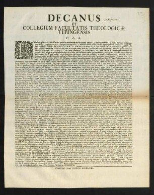 Decanus Et Collegium Facultatis Theologicae Tubingensis P. L. S.