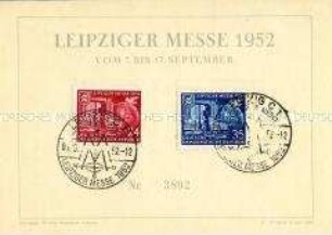Postkarte mit Sondermarken und Sonderstempeln zur Leipziger Herbstmesse 1952