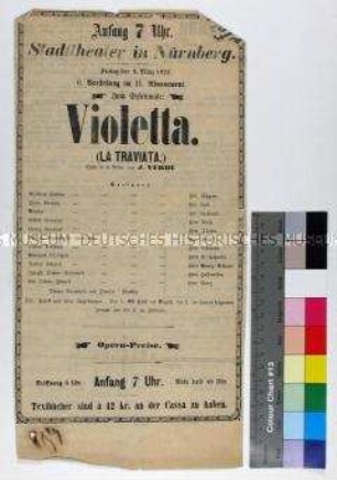 Zeitungsausschnitt mit Programm des Stadttheaters Nürnberg für die Aufführung von "La Traviata" am 8. März 1872
