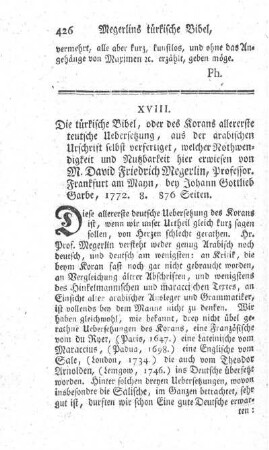 : Die türkische Bibel, oder des Korans allererste teutsche Uebersetzung.