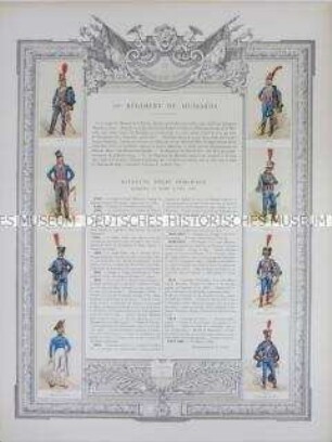 Uniformdarstellung, Rüstungen und Uniformen von Soldaten des 10. Husaren-Regiments und Zeittafel von Schlachten und Belagerungen mit Beteiligung dieses Regiments bzw. seiner Vorläufer, Frankreich, 1793-1881.