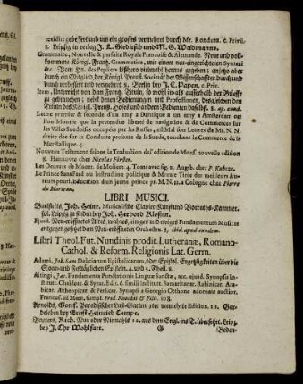 Libri Theol. Fut. Nundinis prodit. Lutheranæ, romano-Cathol. & Reform. Religionis Lat. Germ.