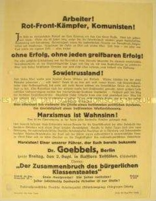 Propagandaflugblatt der NSDAP Leipzig mit der Ankündigung einer Versammlung mit Goebbels