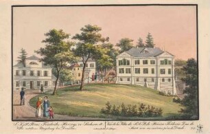 Die alte Königliche Villa (Palais) des Königs Friedrich August II. am Weinberg in Wachwitz bei Dresden, links das alte Gärtnerhaus, später Küchenhaus, im Hintergrund das Presshaus