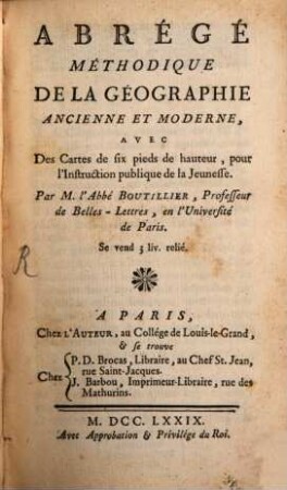 Abrégé methodique de la geographie ancienne et moderne