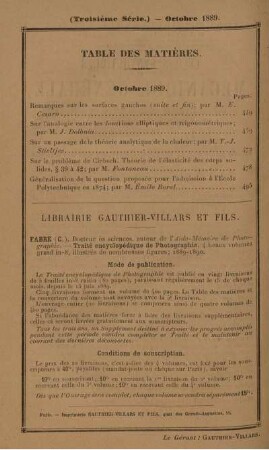 Table des matières. Octobre 1889.