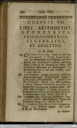 Classis VIII. Libri Arithmetici, Geometrici, Trigonometrici, Algebraici, Et Analytici