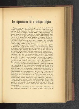 Les répurcussions de la politique indigène.