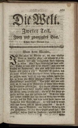 Zwey und zwanzigstes Blat. Erfurt, den 1. Decemb. 1753.