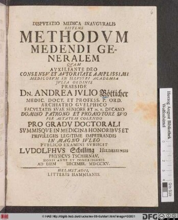 Dispvtatio Medica Inavgvralis Sistens Methodvm Medendi Generalem