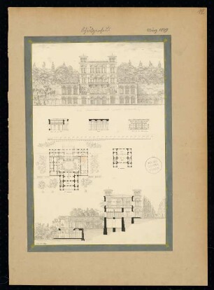 Schützenhaus Monatskonkurrenz März 1829: Grundriss Erdgeschoss mit tieferliegendem Gartenobergeschoss, Obergeschoss, Aufriss Gartenseite, 3 Aufrisse von Saalinnenwänden; 2 Maßstabsleisten