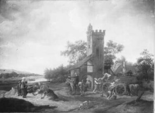 Flusslanschaft mit Turm, Bauernhütten und Staffage (Brauerei)