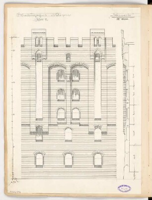 Getreidespeicher an der Oberspree, Berlin Monatskonkurrenz April 1895: Aufriss Straßenansicht, Vertikalschnitt der Fassade 1:50; Maßstabsleiste