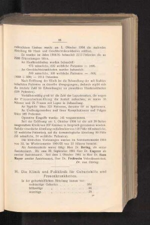 16. Die Klinik und Poliklinik für Geburtshilfe und Frauenkrankheiten.