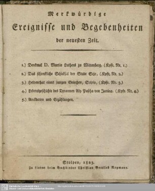 Merkwürdige Ereignisse und Begebenheiten der neuesten Zeit, 1823