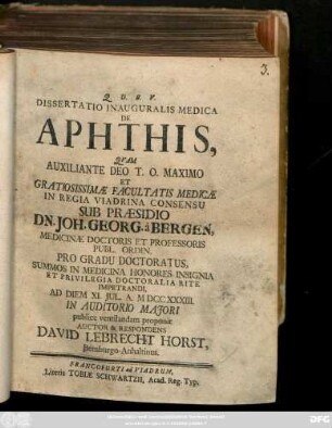 Dissertatio Inauguralis Medica De Aphthis