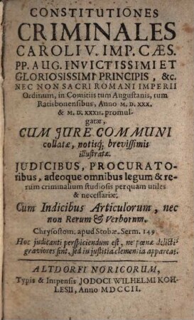 Constitutiones Criminales Caroli V. Imperat. ... anno 1530 et 1532 promulgatae : ... anno 1530 et 1532 promulgatae