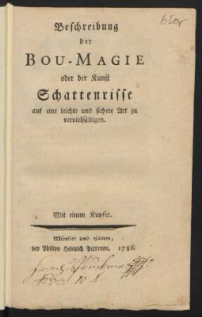 Beschreibung der Bou-Magie oder der Kunst Schattenrisse auf eine leichte und sichere Art zu vervielfältigen : Mit einem Kupfer