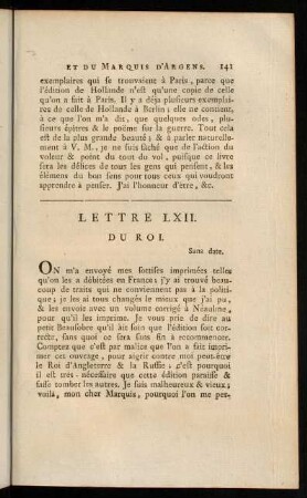 141-162, Lettre LXII. du Roi.-Lettre LXIX. du Marquis D'Argens.