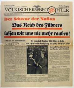 Titelblatt der Tageszeitung "Völkischer Beobachter" zum Empfang und zur Rede Hitlers in Berlin nach der Annexion der "Rest-Tschechei"