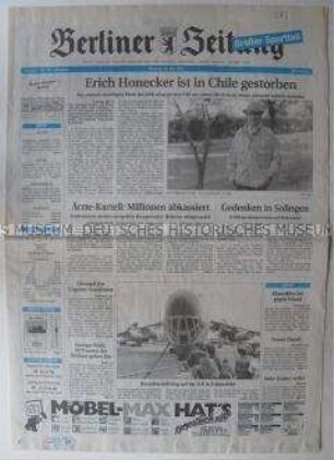 Fragment der "Berliner Zeitung" u.a. zum Tod von Erich Honecker