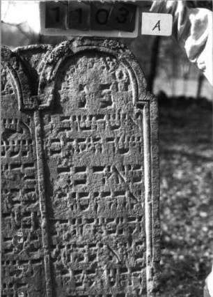 Grabstein 1103 (Index: 99753281) Material: Sandstein Zustand: abgeblättert mit Textverlust Maße HxBxT: 142x87x10 cm Beschreibung: Doppelstele, zwei Schriftfelder: Grabstein 1103A