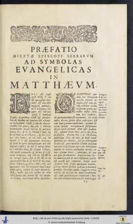 Praefatio Nicetae Episcopi Serrarum Ad Symbolas Evangelicas In Matthaeum.