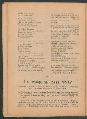 La máquina para volar : Monólogo mudo original de Luis Arnaldo Vassallo (Gandolin). - Adaptado de italiano por Julio Castellanos