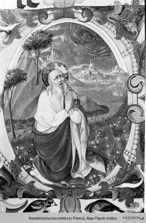 Buchseite mit Randbordüre, vierzeiligen Neumen und historisierter Initiale E: Heiliger im Gebet, dem Gottvater erscheint - Graduale