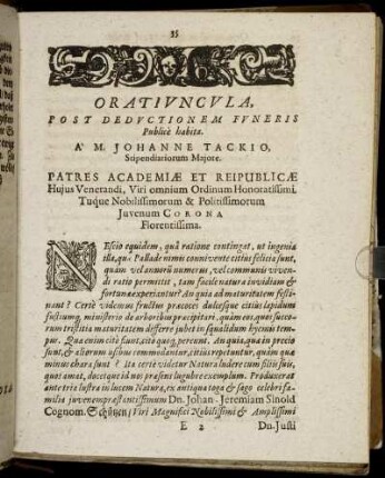 Oratiuncula, Post Deductionem Funeris Publicè Habita