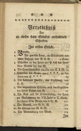 Verzeichniß Der in diesen sechs Stücken enthaltenen Schriften.