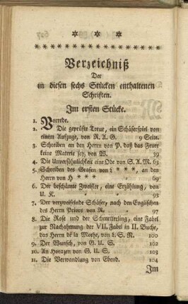Verzeichniß Der in diesen sechs Stücken enthaltenen Schriften.