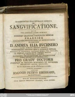Dissertatio Inavgvralis Medica De Sangvificatione