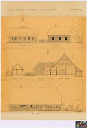 Mödlich (Kreis Westprignitz): Hof [Nummer 43] Maertens. - Haupthaus (Süd-Giebel-Ansicht, Nord-Giebel-Ansicht, Ost-Seiten-Ansicht). - Altenteil (Süd-Seiten-Ansicht). - Scheune (Querschnitt). - Aborte (Ost-Ansicht)