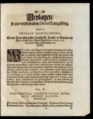 Beylagen/ so zur vorstehenden Deduction gehörig