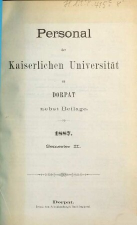Personal der Kaiserlichen Universität zu Dorpat. 1887, Sem. 2