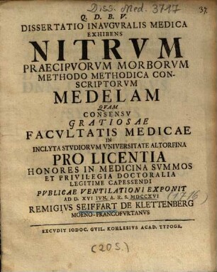 Dissertatio Inavgvralis Medica Exhibens Nitrvm Praecipvorvm Morborvm Methodo Methodica Conscriptorvm Medelam
