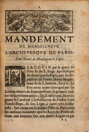 Mandement de Monseigneur archeveque de Paris pour l'entrée de Monseigneur le Legat