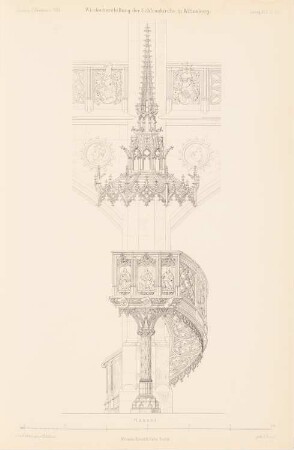 Schlosskirche, Wittenberg Wiederherstellung: Ansicht der Kanzel (aus: Atlas zur Zeitschrift für Bauwesen, hrsg. v. Ministerium der öffentlichen Arbeiten, Jg. 45, 1895)