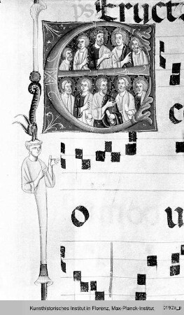 Antiphonar : Textseite mit historisierter Initiale E: Zehn Apostel