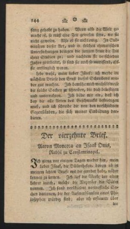 Der vierzehnte Brief. Aaron Monceca an Isaak Onis, Rabbi zu Constantinopel