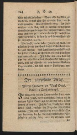 Der vierzehnte Brief. Aaron Monceca an Isaak Onis, Rabbi zu Constantinopel