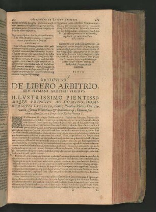 ARTICULUS DE LIBERO ARBITRIO, SEV HUMANI ARBITRII VIRIBUS. ILLUSTRISSIMO PIENTISSIMO QUE PRINCIPI AC DOMINO, DOMINO PHILIPPO LUDOVICO, (...)