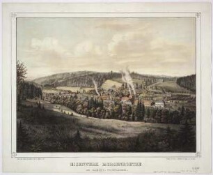 Ansicht vom Eisenwerk in Morgenröthe, kolor. Lithogr., 1872 : Eisenwerk Morgenroethe im saechs. Vogtlande / nach der Natur gezeichnet von R. Müller. - Dresden : Lehmann & Opitz , 1872. - 1 Kunstblatt : color. Lithogr. ; 45 x 34 cm