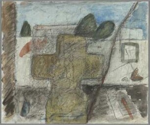 Ohne Titel [Grabkreuz vor Mauer]