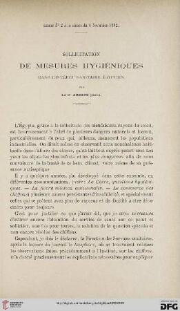3.Ser. 3.1892: Sollicitation de mesures hygiéniques dans l'intérêt sanitaire Égyptien
